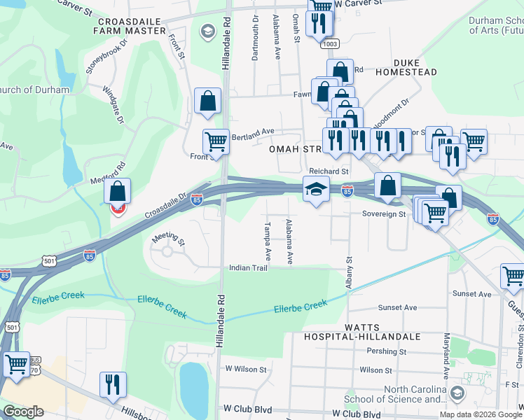 map of restaurants, bars, coffee shops, grocery stores, and more near 2304 Tampa Avenue in Durham