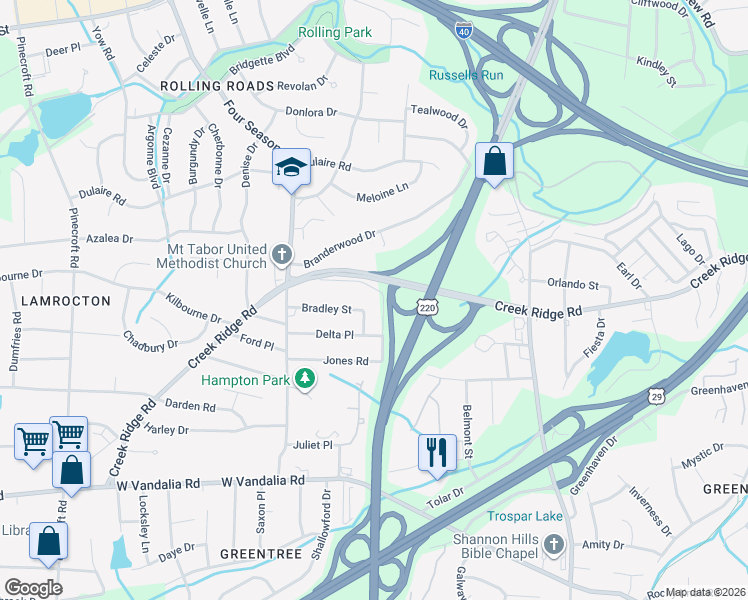 map of restaurants, bars, coffee shops, grocery stores, and more near 2200 Ada Road in Greensboro