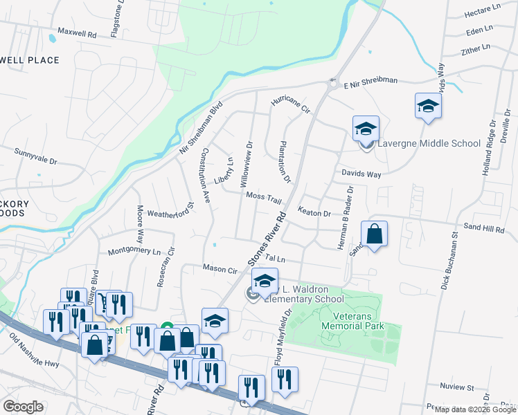 map of restaurants, bars, coffee shops, grocery stores, and more near 1117 Cricket Street in La Vergne