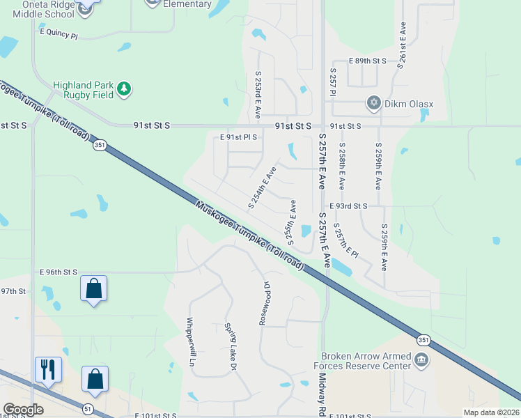 map of restaurants, bars, coffee shops, grocery stores, and more near 25431 East 93rd Court South in Broken Arrow
