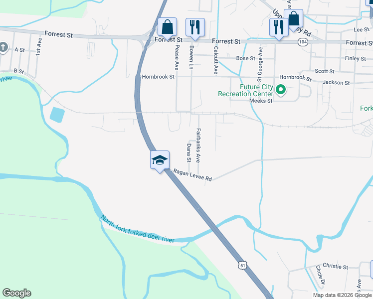 map of restaurants, bars, coffee shops, grocery stores, and more near 477 Fairbanks Avenue in Dyersburg