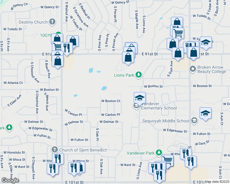 map of restaurants, bars, coffee shops, grocery stores, and more near 1506 West Boston Place in Broken Arrow