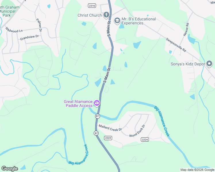 map of restaurants, bars, coffee shops, grocery stores, and more near 2048 South Main Street in Graham