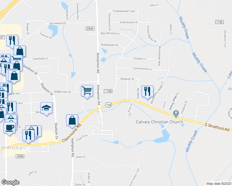 map of restaurants, bars, coffee shops, grocery stores, and more near 4351 Bridle Path in Winston-Salem