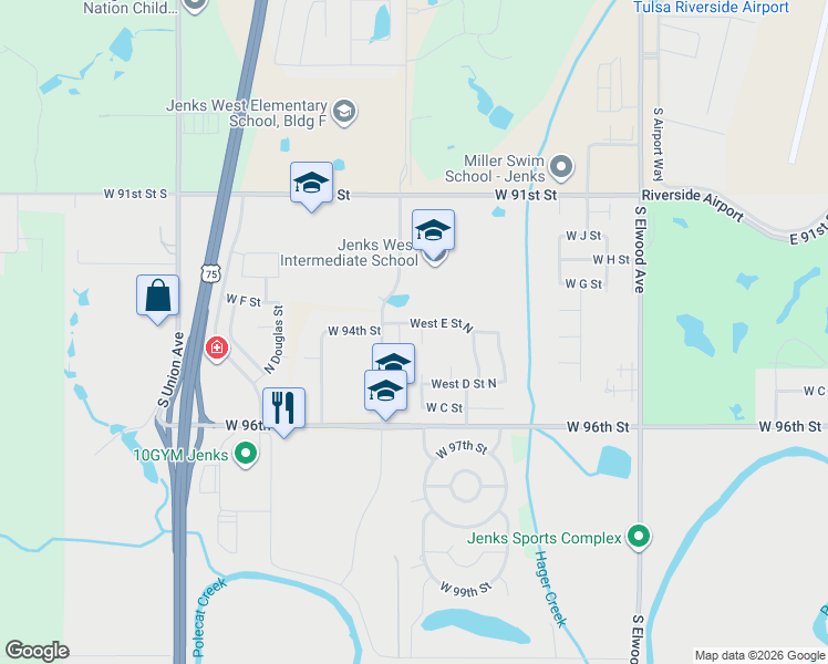 map of restaurants, bars, coffee shops, grocery stores, and more near 518 North Willow Court West in Jenks