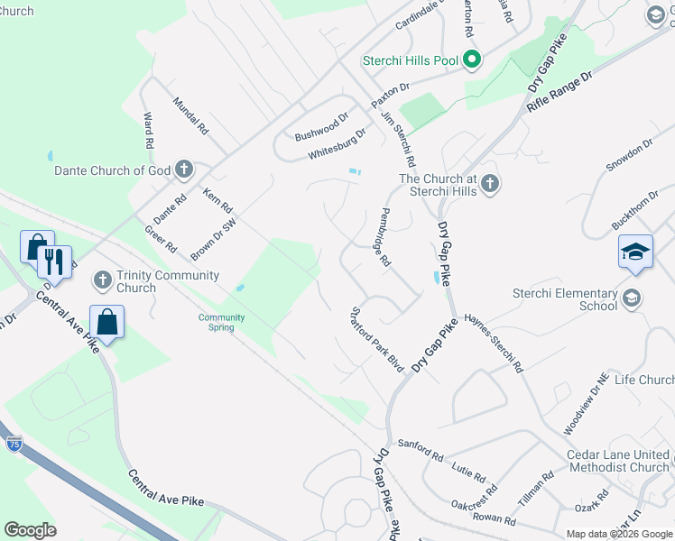 map of restaurants, bars, coffee shops, grocery stores, and more near 6601 Kern Road in Knoxville
