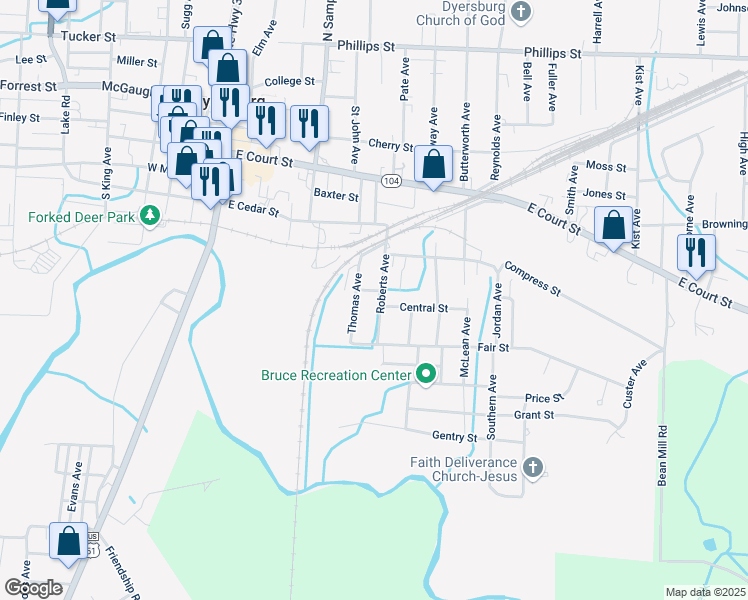 map of restaurants, bars, coffee shops, grocery stores, and more near 608 Roberts Avenue in Dyersburg