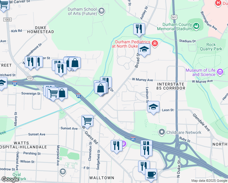 map of restaurants, bars, coffee shops, grocery stores, and more near 2008 Broad Street in Durham