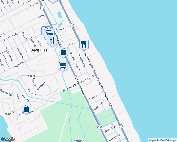 map of restaurants, bars, coffee shops, grocery stores, and more near 202 East Landing Drive in Kill Devil Hills