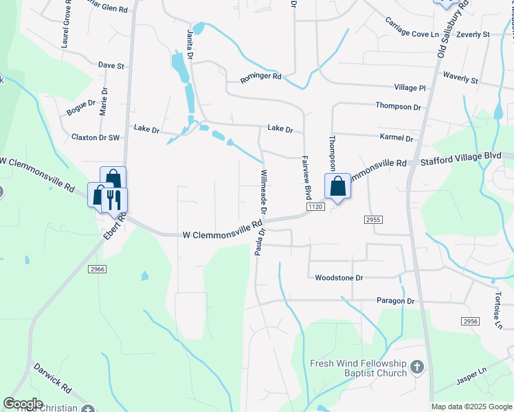 map of restaurants, bars, coffee shops, grocery stores, and more near 4190 Willmeade Drive in Winston-Salem