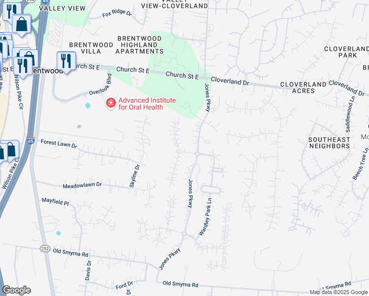 map of restaurants, bars, coffee shops, grocery stores, and more near 216 Ennismore Lane in Brentwood