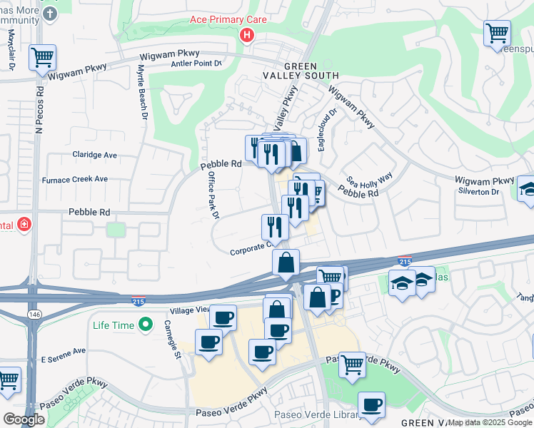 map of restaurants, bars, coffee shops, grocery stores, and more near 701 North Green Valley Parkway in Henderson