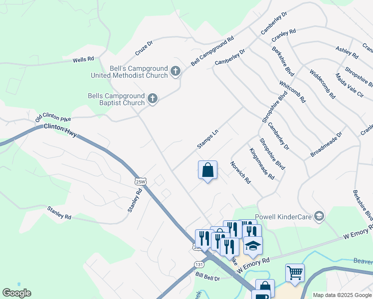 map of restaurants, bars, coffee shops, grocery stores, and more near 3417 Stamps Lane in Powell