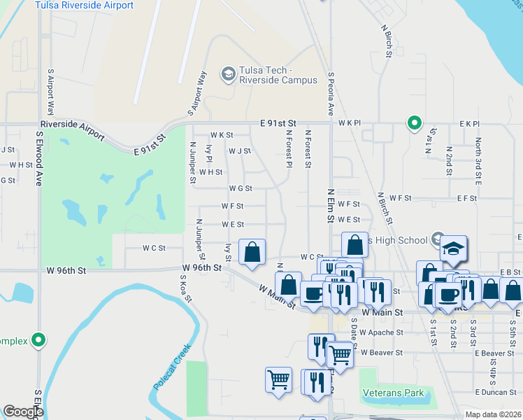 map of restaurants, bars, coffee shops, grocery stores, and more near 907 West E Street in Jenks