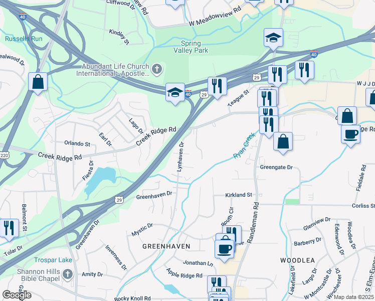 map of restaurants, bars, coffee shops, grocery stores, and more near 3515 Lynhaven Drive in Greensboro