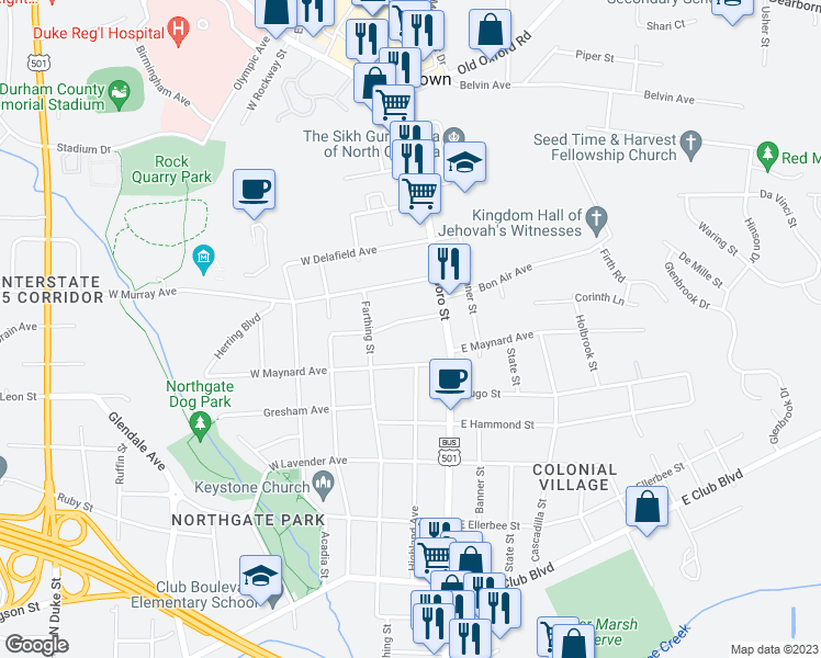 map of restaurants, bars, coffee shops, grocery stores, and more near 116 East Edgewood Drive in Durham