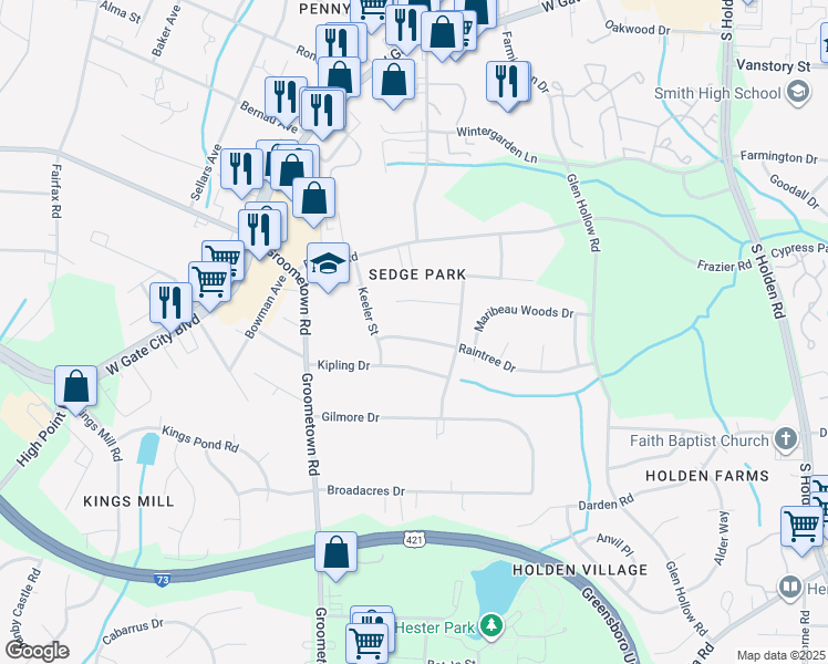 map of restaurants, bars, coffee shops, grocery stores, and more near 3910 Raintree Drive in Greensboro