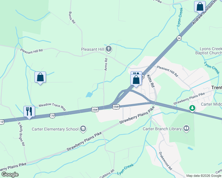 map of restaurants, bars, coffee shops, grocery stores, and more near 108 Arms Road in Knoxville