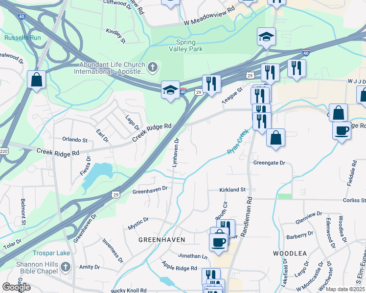 map of restaurants, bars, coffee shops, grocery stores, and more near 3515 Lynhaven Drive in Greensboro