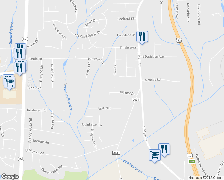 map of restaurants, bars, coffee shops, grocery stores, and more near 141 Willmor Drive in Winston-Salem
