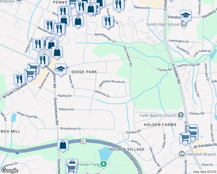 map of restaurants, bars, coffee shops, grocery stores, and more near 2 Glenrose Court in Greensboro