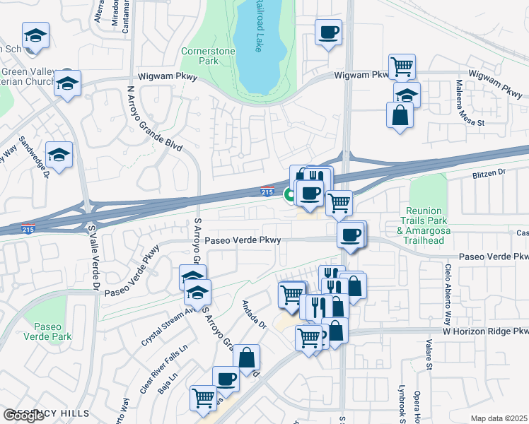 map of restaurants, bars, coffee shops, grocery stores, and more near 1480 Paseo Verde Parkway in Henderson