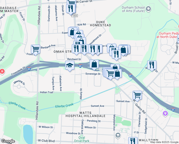 map of restaurants, bars, coffee shops, grocery stores, and more near 2212 Edwin Avenue in Durham