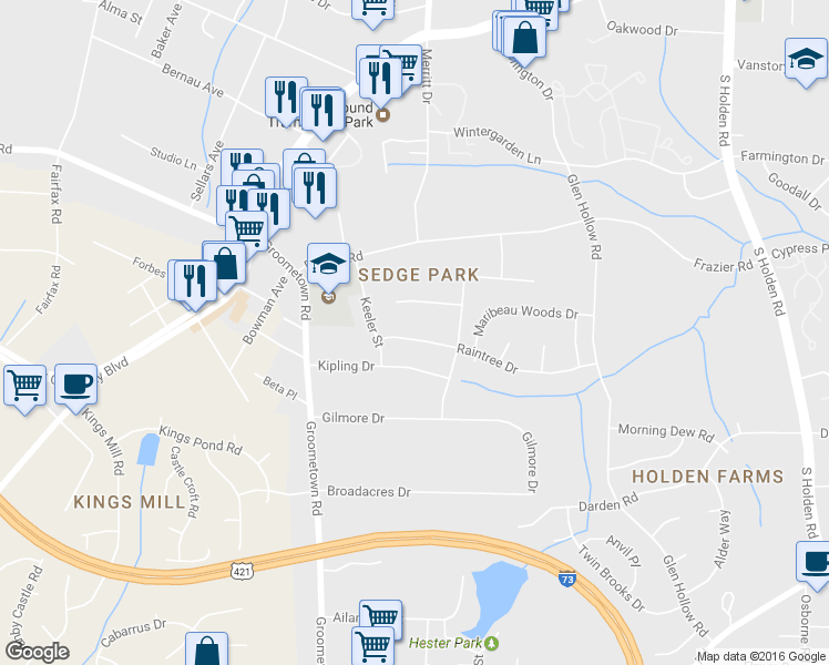 map of restaurants, bars, coffee shops, grocery stores, and more near 3910 Raintree Drive in Greensboro