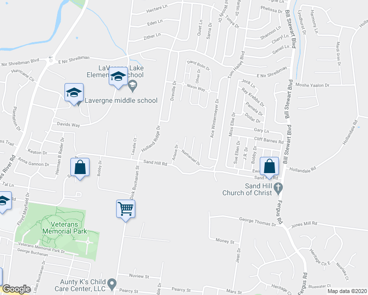 map of restaurants, bars, coffee shops, grocery stores, and more near 1022 Arlene Drive in La Vergne
