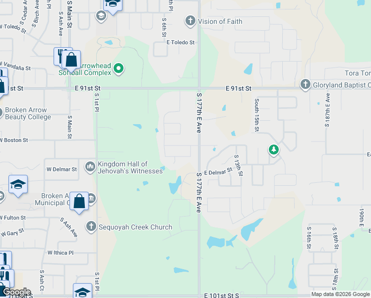 map of restaurants, bars, coffee shops, grocery stores, and more near 723 East Edgewater Place in Broken Arrow