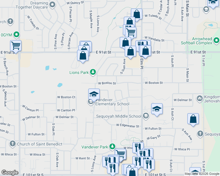 map of restaurants, bars, coffee shops, grocery stores, and more near 2209 South Juniper Avenue in Broken Arrow