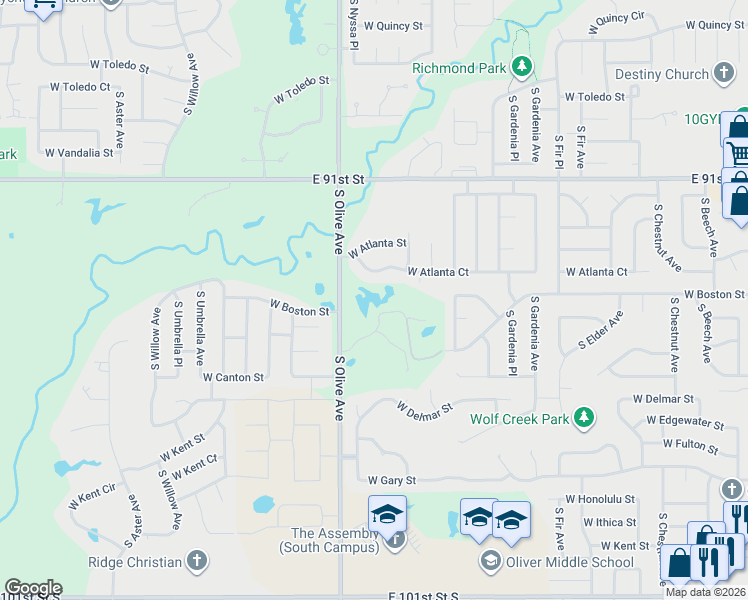 map of restaurants, bars, coffee shops, grocery stores, and more near 9401-9499 South Olive Avenue in Broken Arrow