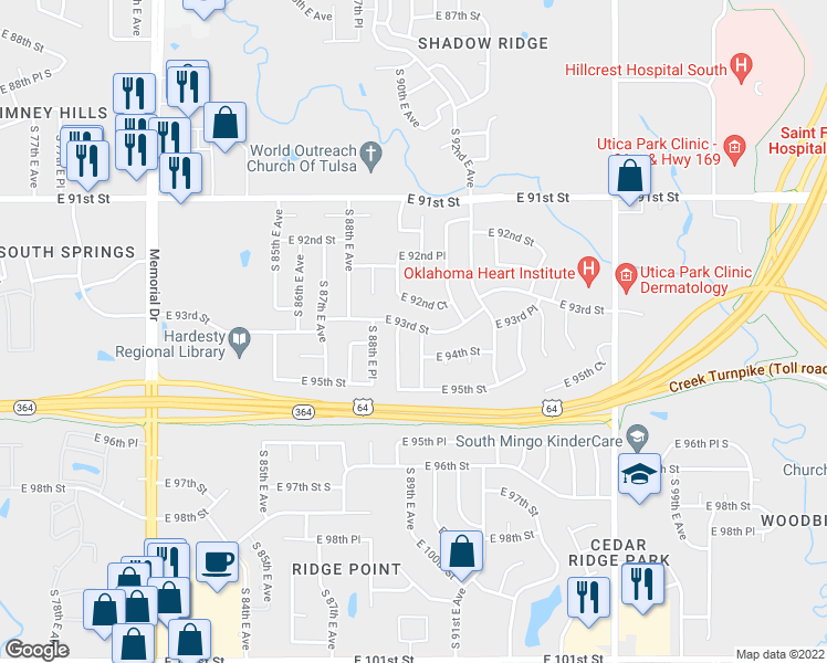 map of restaurants, bars, coffee shops, grocery stores, and more near 9330 South 89th East Avenue in Tulsa