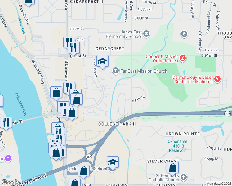map of restaurants, bars, coffee shops, grocery stores, and more near 9342 South Gary Avenue in Tulsa