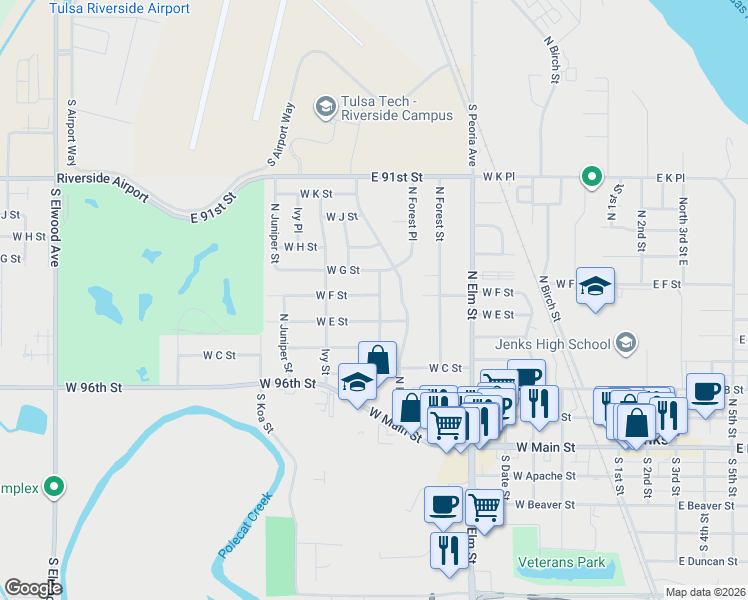 map of restaurants, bars, coffee shops, grocery stores, and more near 907 West E Street in Jenks