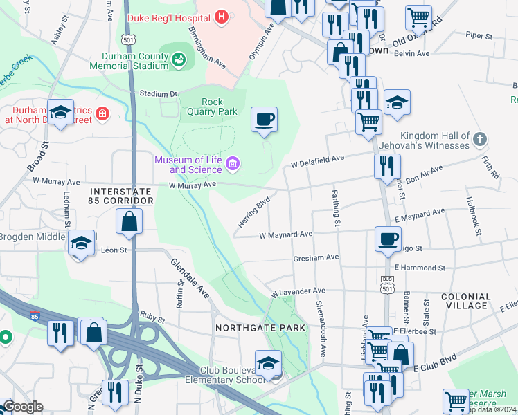 map of restaurants, bars, coffee shops, grocery stores, and more near 2830 Herring Boulevard in Durham