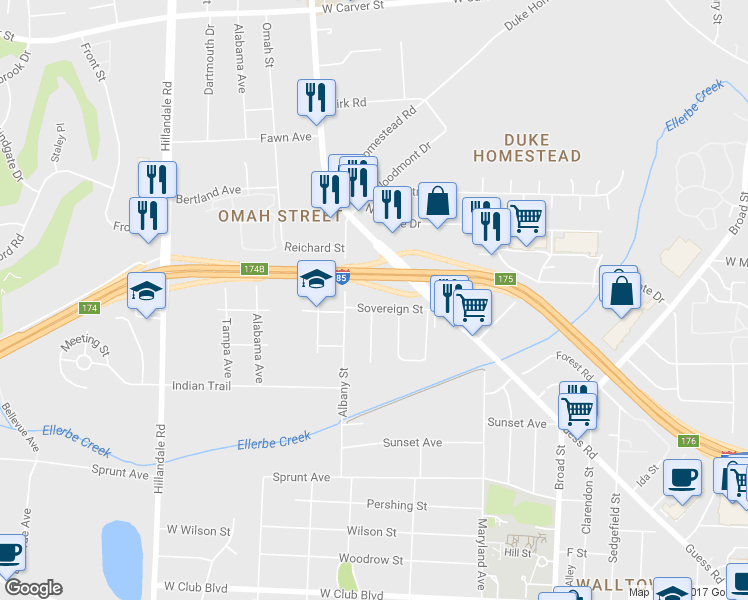 map of restaurants, bars, coffee shops, grocery stores, and more near 2202 Sovereign Street in Durham