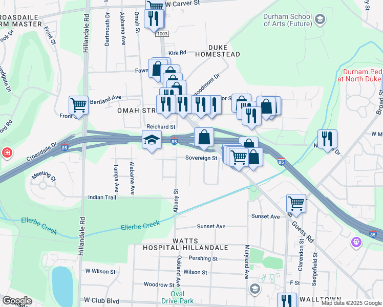 map of restaurants, bars, coffee shops, grocery stores, and more near 2202 Sovereign Street in Durham