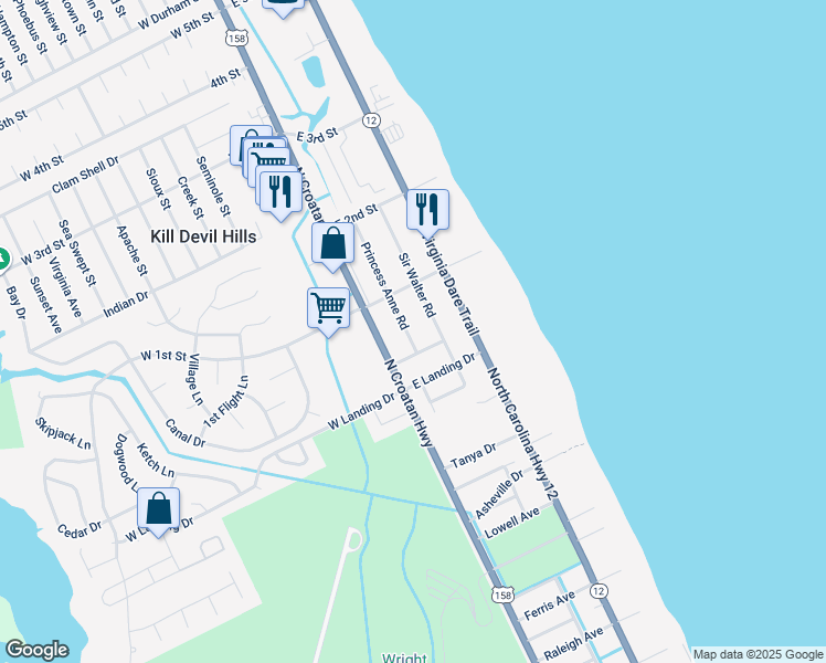 map of restaurants, bars, coffee shops, grocery stores, and more near 1507 Princess Anne Road in Kill Devil Hills