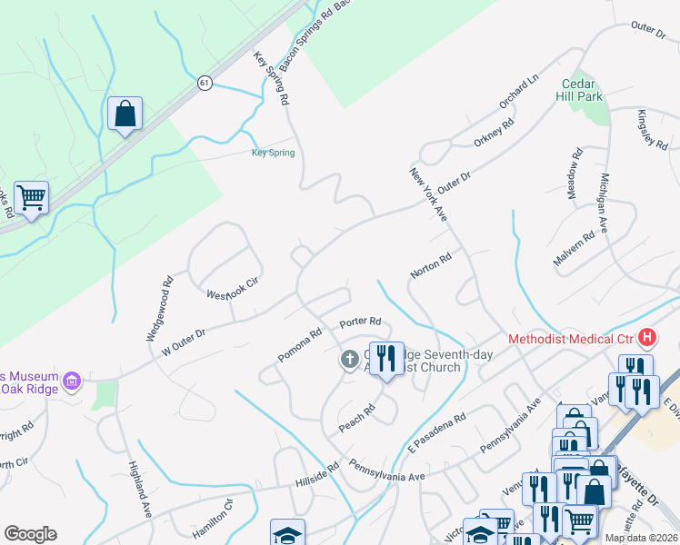 map of restaurants, bars, coffee shops, grocery stores, and more near 109 East Price Road in Oak Ridge