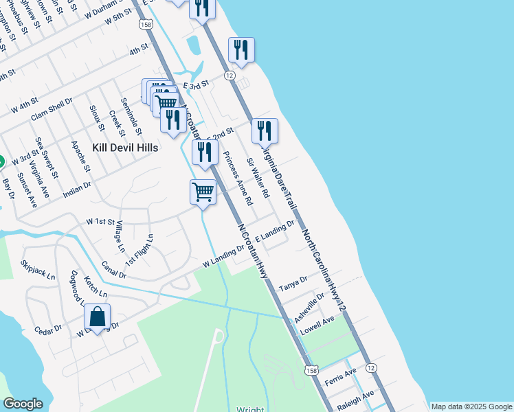 map of restaurants, bars, coffee shops, grocery stores, and more near 1507 Princess Anne Road in Kill Devil Hills