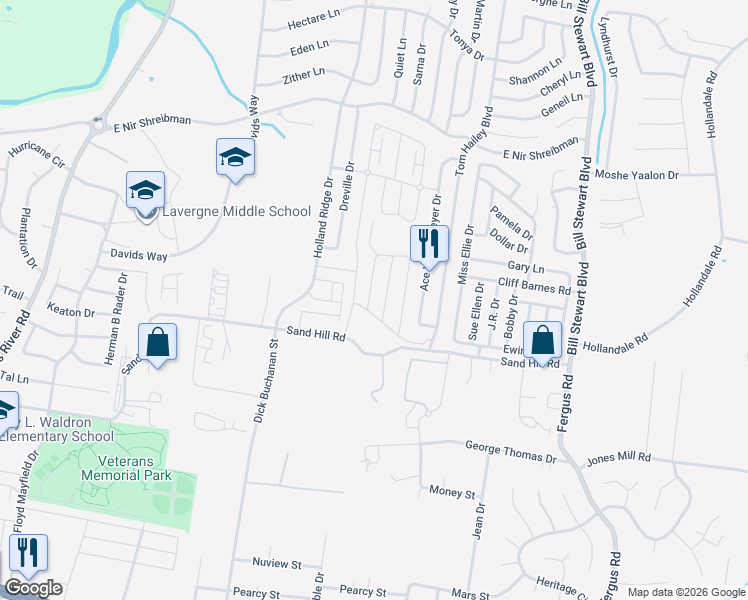 map of restaurants, bars, coffee shops, grocery stores, and more near in La Vergne