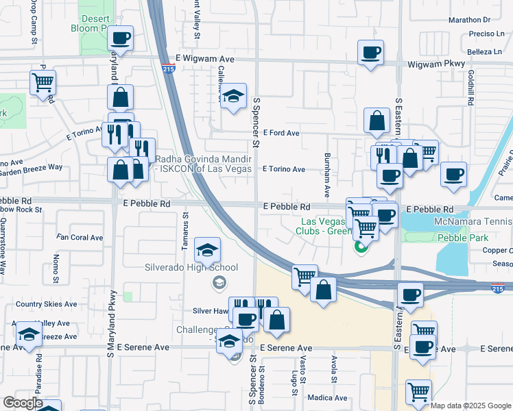 map of restaurants, bars, coffee shops, grocery stores, and more near Spencer Street & East Pebble Road in Las Vegas