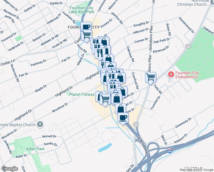 map of restaurants, bars, coffee shops, grocery stores, and more near 4866 North Broadway Street in Knoxville