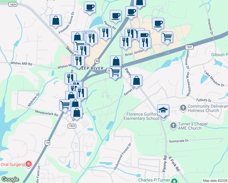 map of restaurants, bars, coffee shops, grocery stores, and more near 3726 Admiral Drive in High Point