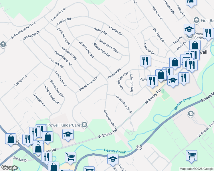 map of restaurants, bars, coffee shops, grocery stores, and more near 7621 Berkshire Boulevard in Powell