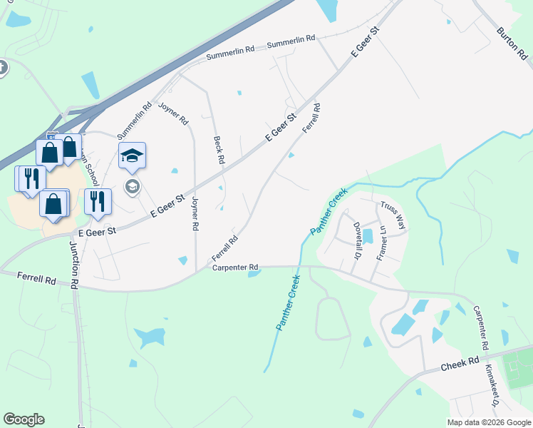 map of restaurants, bars, coffee shops, grocery stores, and more near 2601 Ferrell Road in Durham