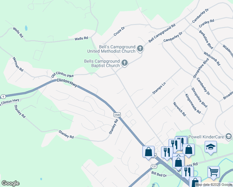 map of restaurants, bars, coffee shops, grocery stores, and more near 7843 Old Clinton Pike in Powell