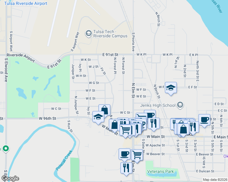 map of restaurants, bars, coffee shops, grocery stores, and more near 725 North Fir Street in Jenks
