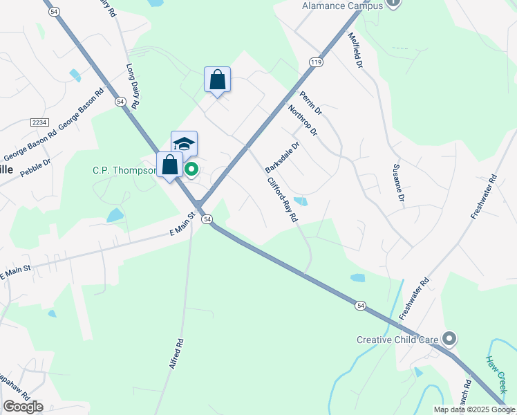 map of restaurants, bars, coffee shops, grocery stores, and more near 2723 Meadow Oak Drive in Haw River